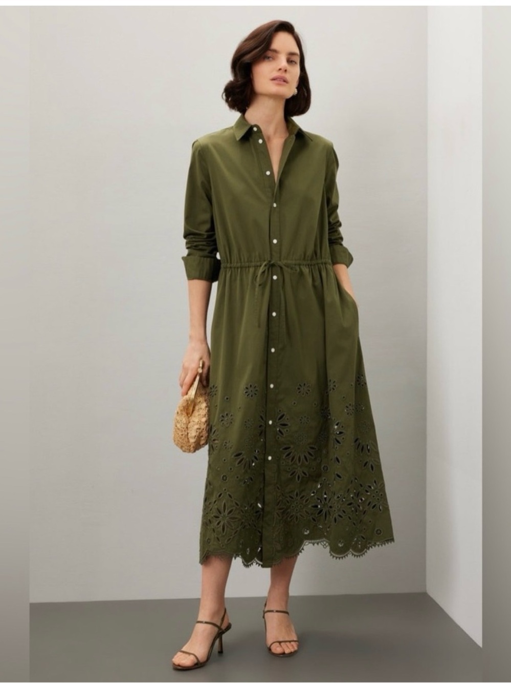 Polo by Ralph Lauren Olive Green Eyelet Midi Shirt Dress - Size 10